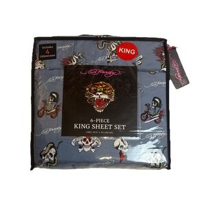 Ed Hardy King 6-piece sheet set New Love Kills Skulls Skeleton Blue Complete Set